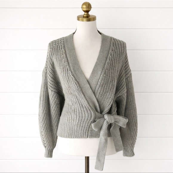NWT Zara Pale Green Chunky Knit Wrap Sweater. Tie Belt Cozy. Women Lg. - Picture 2 of 8
